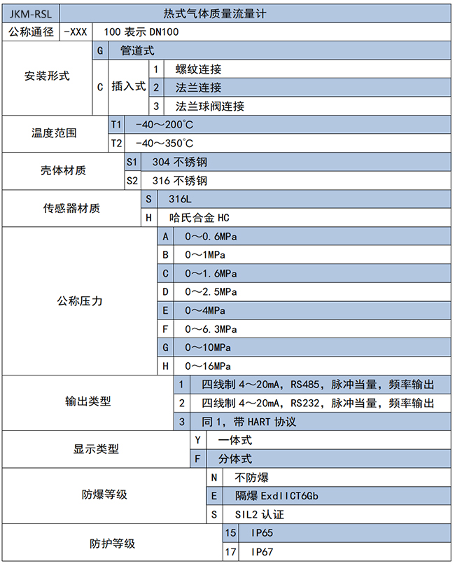 DN80熱式氣體質(zhì)量流量計選項(xiàng)表