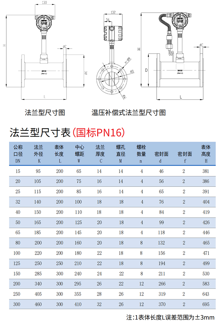 液體渦街流量計法蘭式尺寸圖